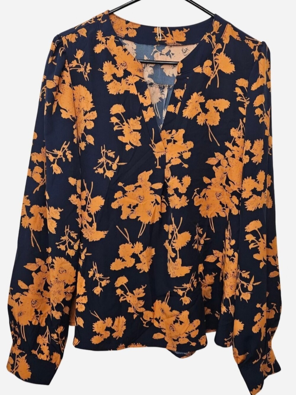 Lovesoft Orange floral print blouse on Navy Blue background Long Sleeve Size XL